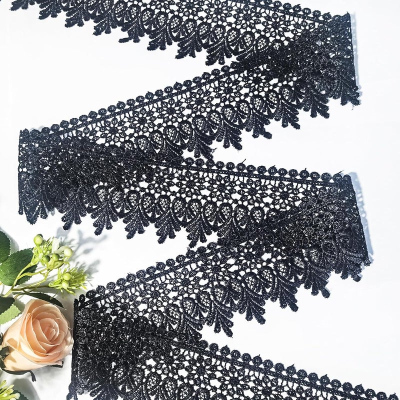 DKKUAYANGUP (Black Floral Lace Trim - 5 Yards, 9cm Wide | Wedding Dress Embellishment, Gift Packaging, Party Decor | DIY Sewing & Craft Supplies - Image 2